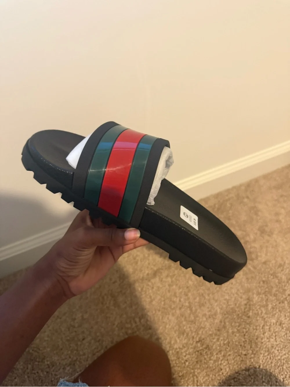 Gucci Black Slide Sandal with Red and Green Stripes